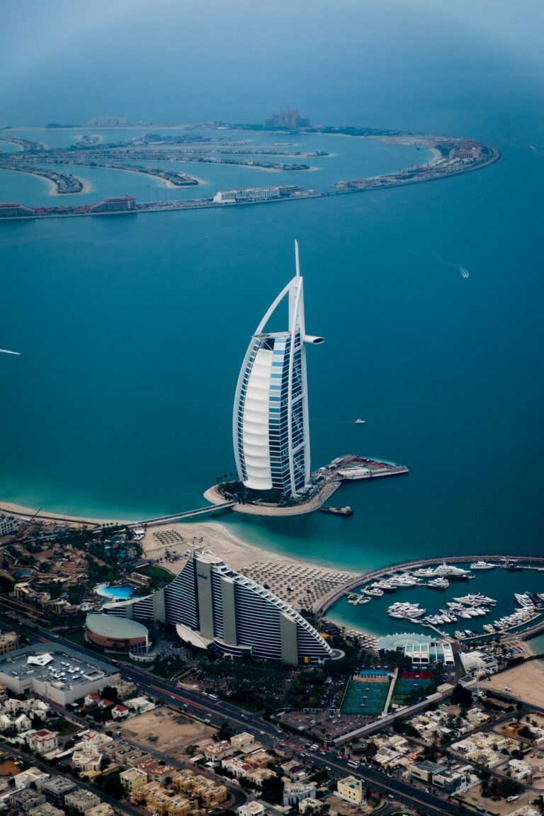 Aerial view of Burj Al Arab among the best luxury hotels in Dubai
